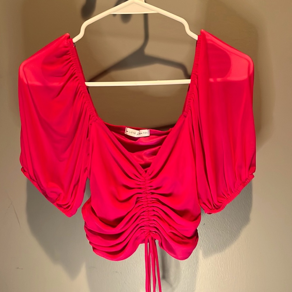 mesh hot pink ruched top with tie front size XS